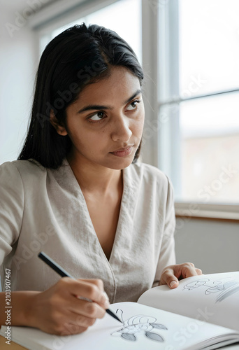 Young indian woman drawing ...