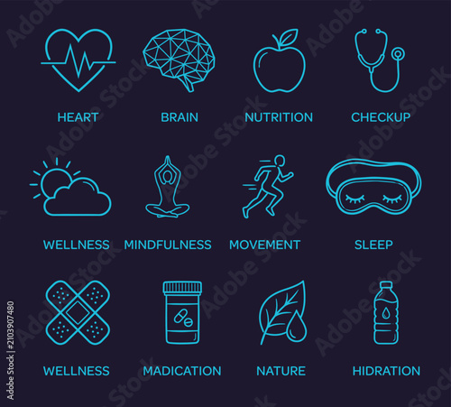Minimal Healthcare and Wellness Line Icons Set with Medical, Fitness and Healthy Lifestyle Symbols