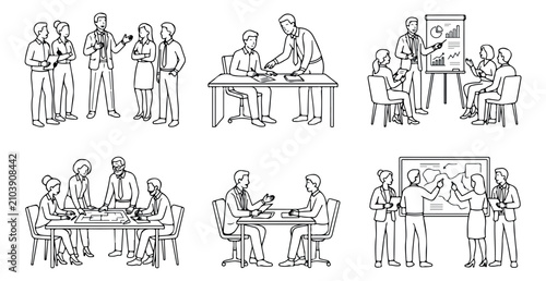 Minimalist business people line art vector set, corporate team meeting and office collaboration sketches, professional work group illustrations