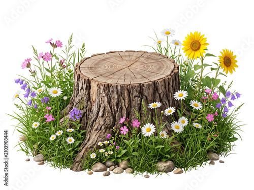 Tree Stump with Wildflowers