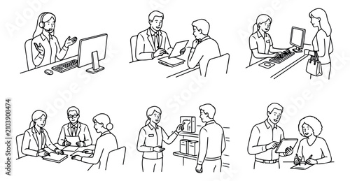 Minimalist business people line art set, professional office workers collection, customer service and corporate meeting vector illustrations