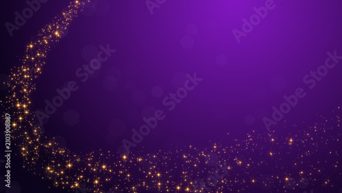 purple christmas background with golden glitter shiny stars and bokeh lights trail , holiday new year stream social media background