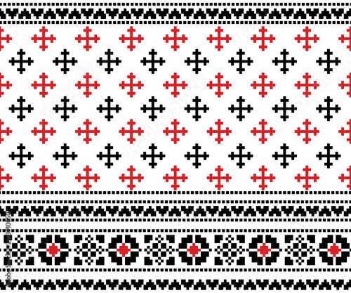 A seamless horizontal pattern featuring various geometric shapes on a white background, designed for backgrounds, fabrics, clothing, and decoration.
