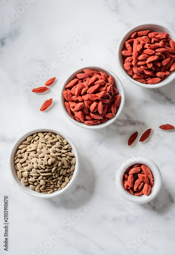 Three white bowls filled wi...
