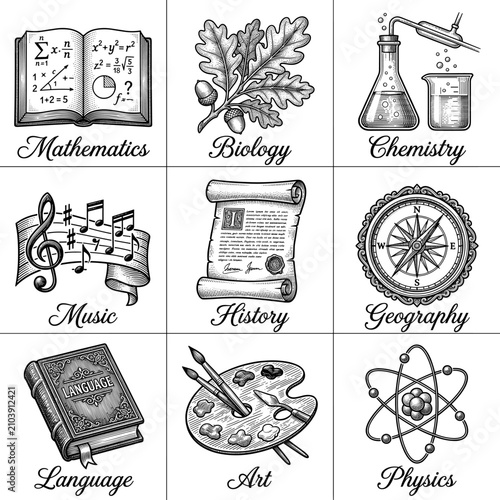 Educational subjects illustrated in vintage black and white style  