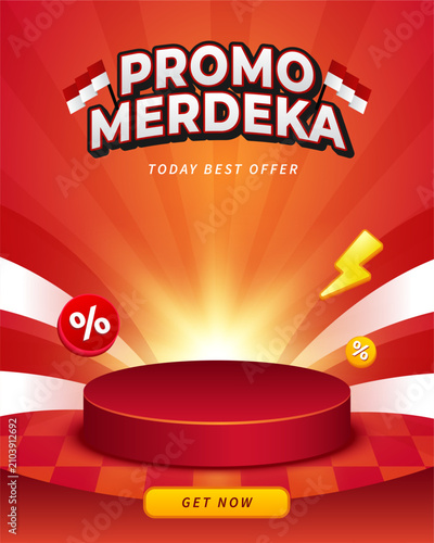 Indonesia Independence Day Promo Banner with Red Podium Sunburst and Patriotic Background