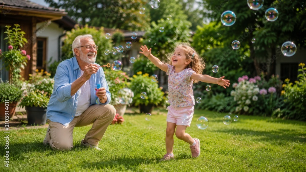 Fototapeta premium Grandfather and Granddaughter Playing with Soap Bubbles in Sunny Garden