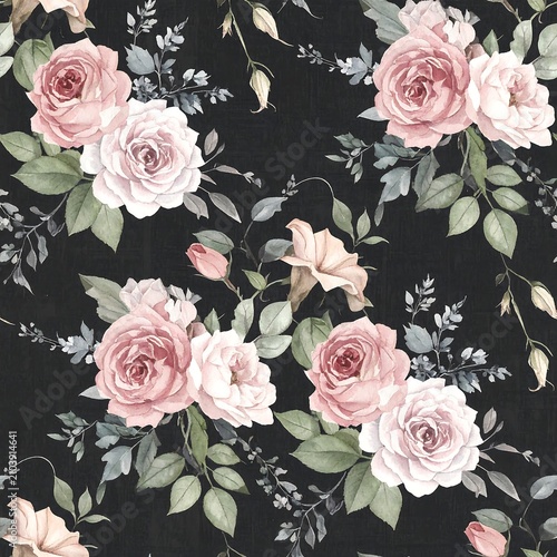 Earthy vintage floral repeat background featuring hand painted botanical blossoms