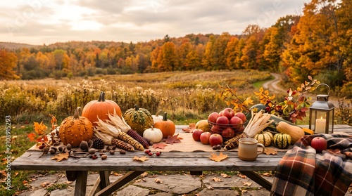 Autumn harvest still life pumpkins apples and fall foliage scene
