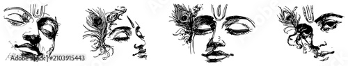 Krishna deity portraits and serene faces with peacock feathers in artistic sketch style