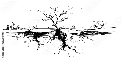 Lone bare tree growing from deep ground crack in minimalist ink sketch style
