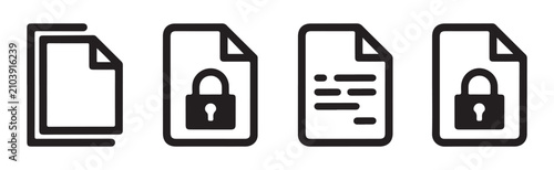 Outline style document icon set featuring stacked pages locked files and text content for digital office software ui.