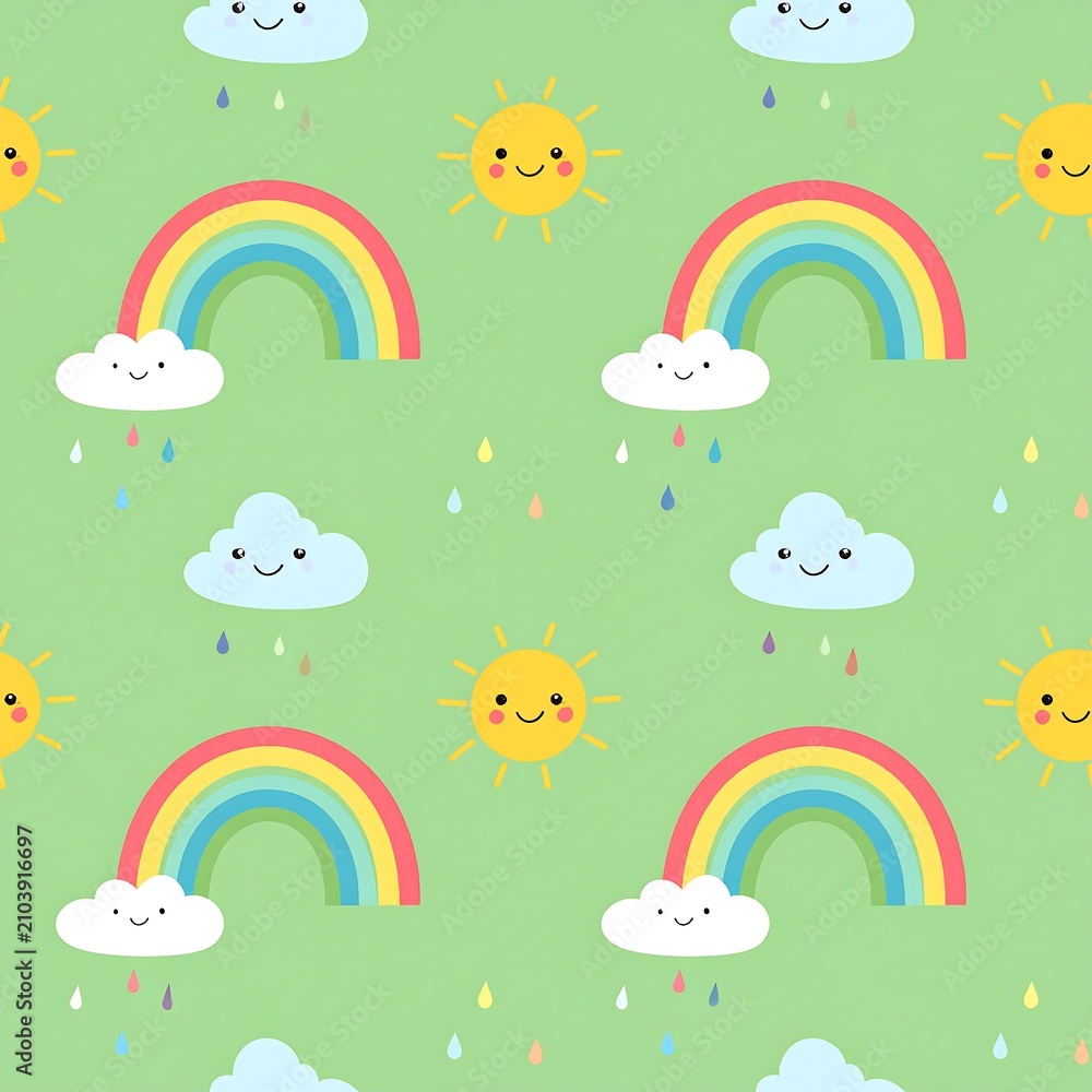 Obraz premium Cute pastel rainbow and smiling sun seamless pattern for nursery design