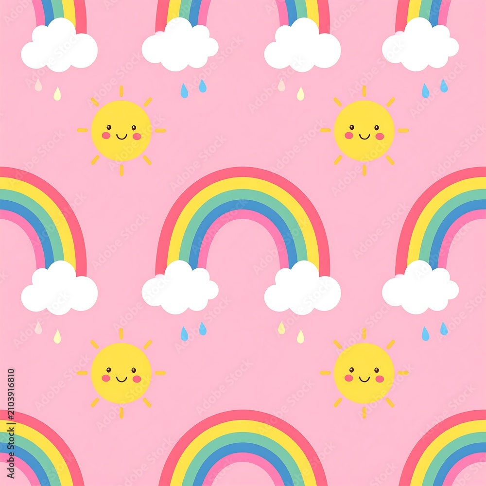 Obraz premium Cute pastel rainbow and smiling sun seamless pattern for nursery design