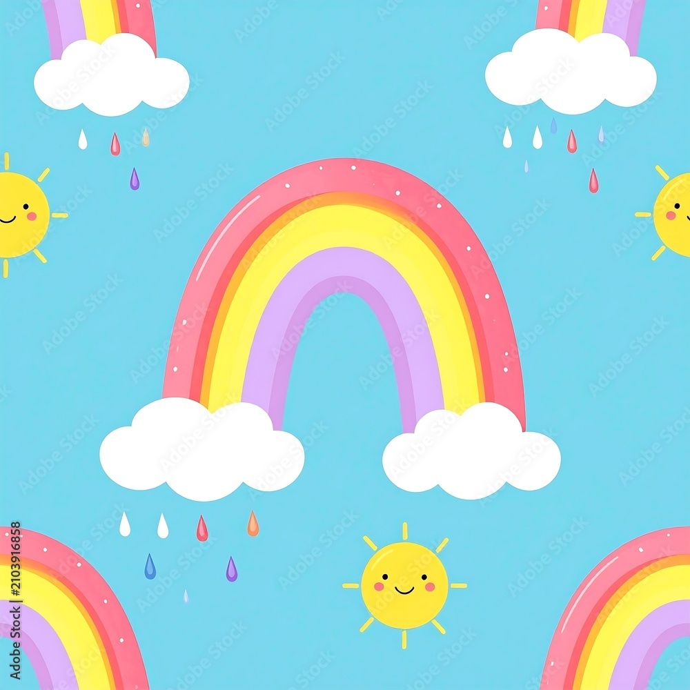 Obraz premium Cute pastel rainbow and smiling sun seamless pattern for nursery design