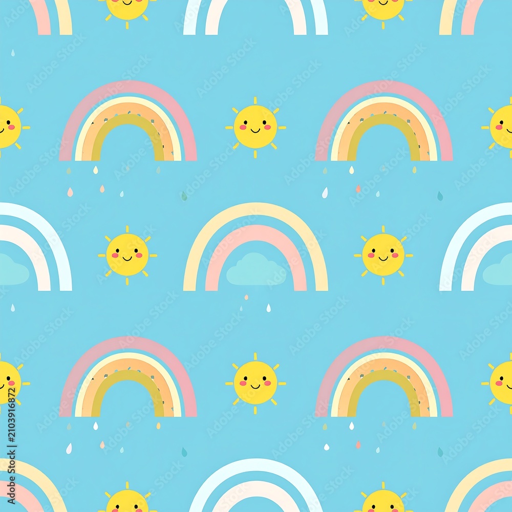 Obraz premium Cute pastel rainbow and smiling sun seamless pattern for nursery design