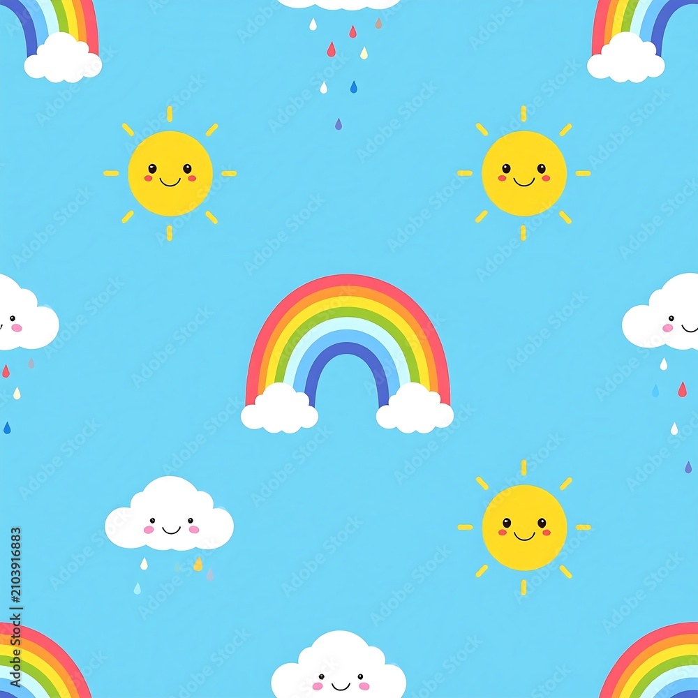 Obraz premium Cute pastel rainbow and smiling sun seamless pattern for nursery design