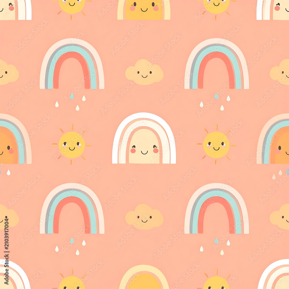 Obraz premium Cute pastel rainbow and smiling sun seamless pattern for nursery design