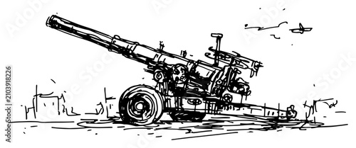 Photos Military howitzer artillery cannon gun on battlefield in hand drawn sketch style