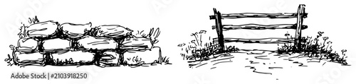Tableau sur toile Sandbags defensive wall barricade and rustic wooden fence in hand drawn sketch s