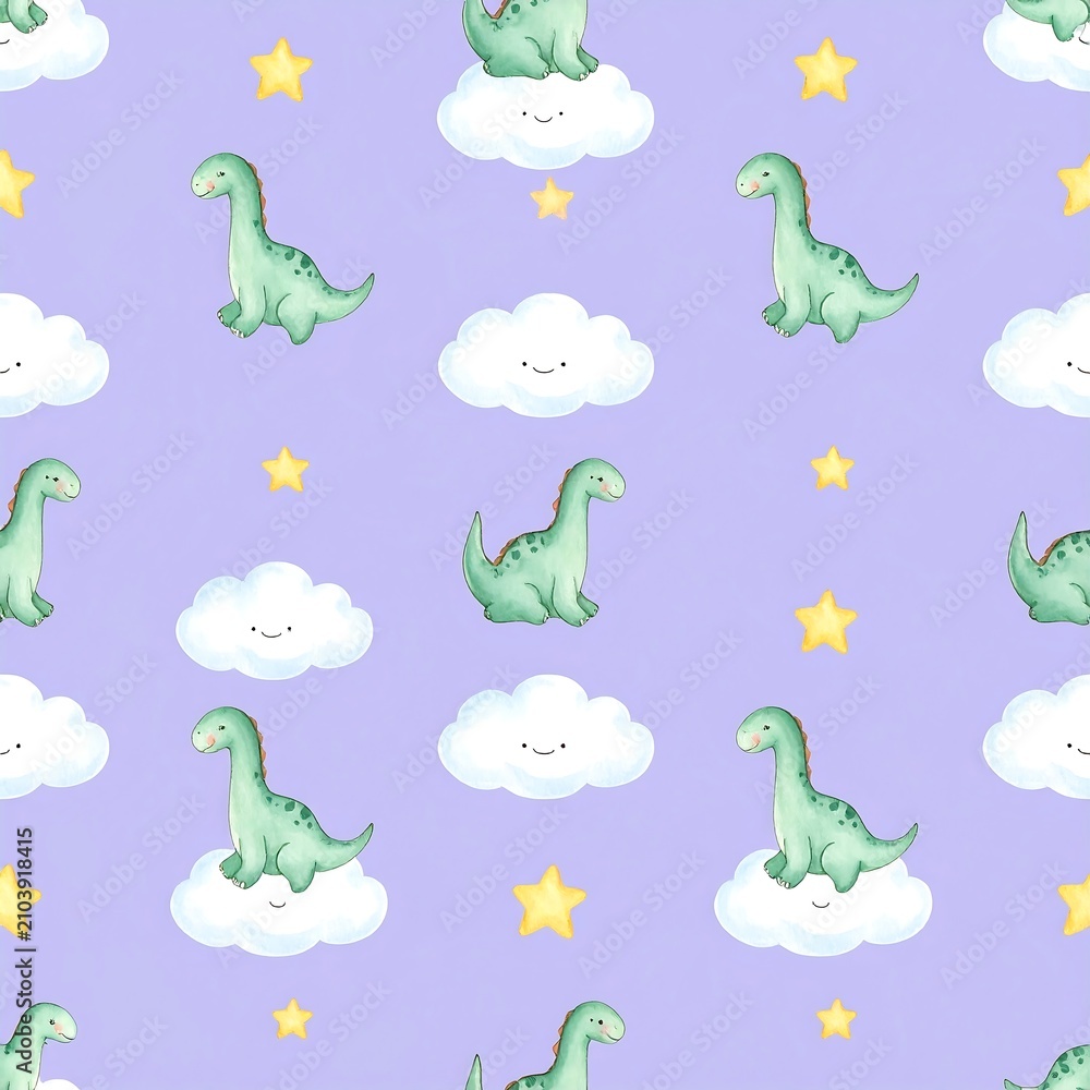 Fototapeta premium Cute dinosaurs sitting on soft white fluffy smiling clouds seamless pattern