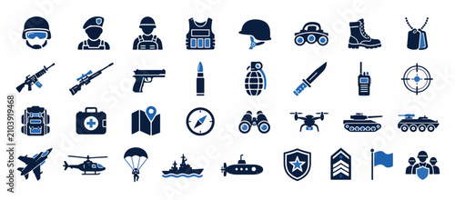 Fotografie Military and security icons collection in blue.