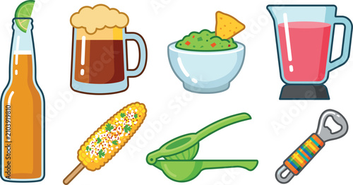 Bild auf Leinwand Mexican food and drink vector element set featuring beer bottle guacamole elote