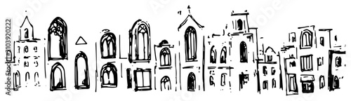 Obraz na płótnie Historic European city facades with gothic arches in traditional ink sketch styl