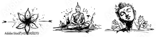Konstfotografi Buddha statues and blooming lotus flower spiritual symbols set in ink sketch sty