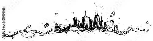 Canvastavla Modern city skyline rising from splashing water waves in black ink sketch style