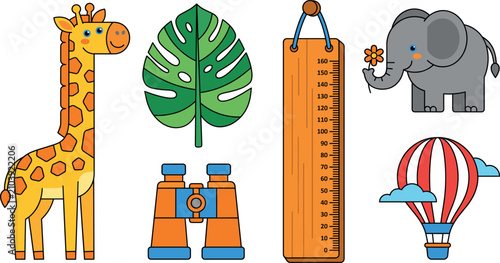 Canvas Print Safari animals height chart element set with cute giraffe elephant monstera leaf