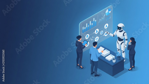 Isometric 3D illustration of AI robot and business team analyzing data dashboard, artificial intelligence collaboration and workflow automation concept in modern blue office