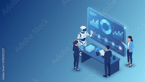 Isometric 3D illustration of AI robot and business team analyzing data dashboard, artificial intelligence collaboration and workflow automation concept in modern blue office