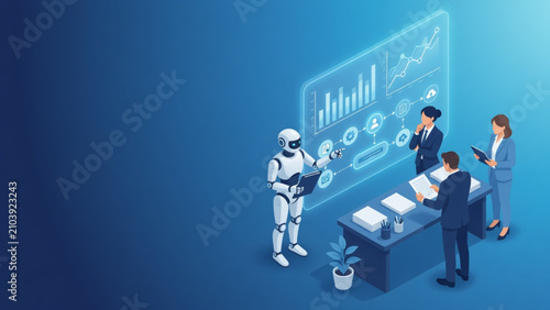 Isometric 3D illustration of AI robot and business team analyzing data dashboard, artificial intelligence collaboration and workflow automation concept in modern blue office