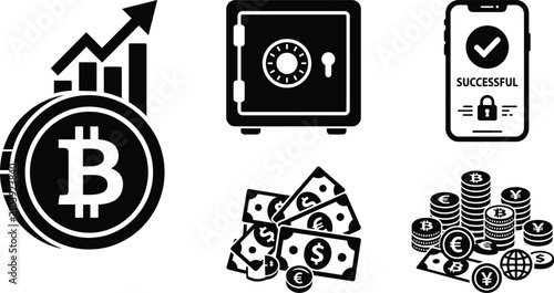 Steel safe deposit vault box with dollar money cash stack icon set