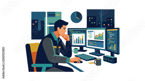 Professional Working Late at Night with Multiple Computer Screens