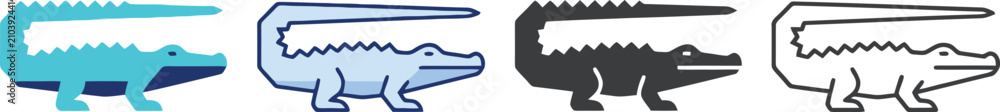 Obraz premium Four Stylized Crocodile Icons in Different Colors and Outlines Vector Set for Wildlife Branding, Educational Materials & App Design (EPS)