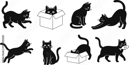 Cute Black Cat and Cardboard Box Vector Illustration Set, Funny Cartoon Kitten Playful Pose Seamless Pattern Collection