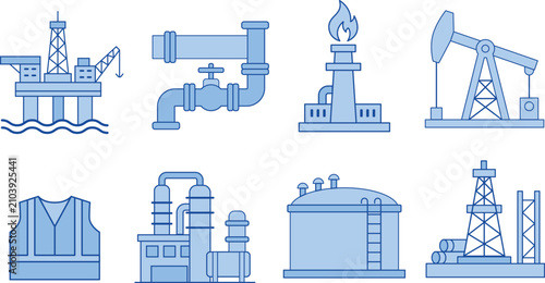 Industrial Gas and Oil Pipeline Vector Icon Set, Flat Blue Factory Refinery Storage Tank and Water Pipe Collection
