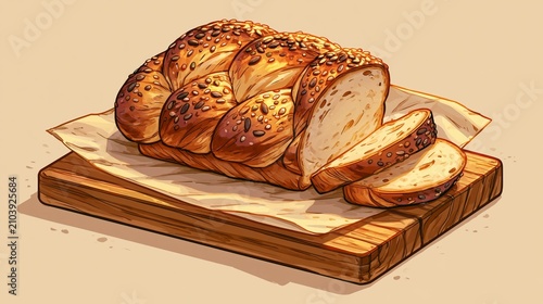 Braided artisan bread with seeds on wooden cutting board warm lighting bakery illustration.
