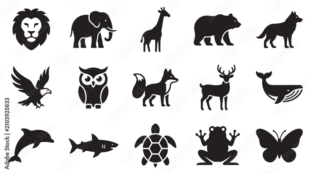 Obraz premium Minimalist animal icons set, 15 black vector silhouettes of wildlife and marine creatures, clean nature symbols for logo design and web interface