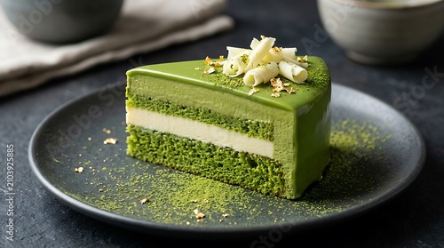 Slice of matcha green tea mousse cake with white chocolate curls