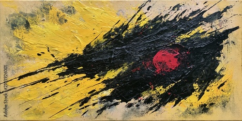 Expressive impasto art showing dark abstract form and red sphere over yellow painted canvas.