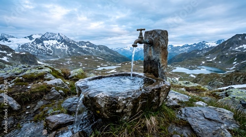 Fresh Mountain Water Flowing from Rustic Stone Fountain in Alpine Landscape.
