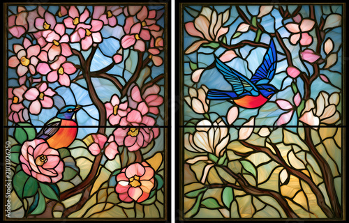 Stained glass birds perched on blossoming tree branches. Vibrant floral art glass panel with cardinal and bluebird in spring garden scene.