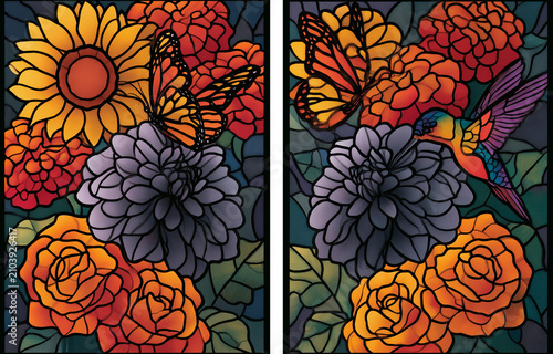 Vibrant stained glass floral design with sunflowers and roses. Colorful decorative art glass panel for churches, homes, and crafts.