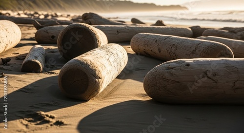 Smooth Rounded Driftwood Logs on a Sandy Beach Shoreline