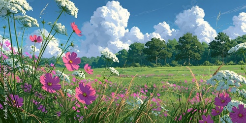 A vibrant summer meadow filled with pink cosmos and white flowers under a blue sky.