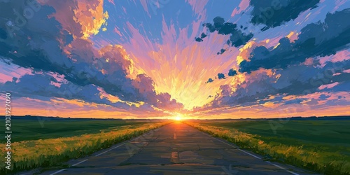Vast open road leading to vibrant sunset sky with dramatic clouds over green fields.