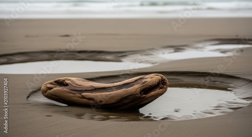 Polished Driftwood Resting on a Sandy Beach Shoreline